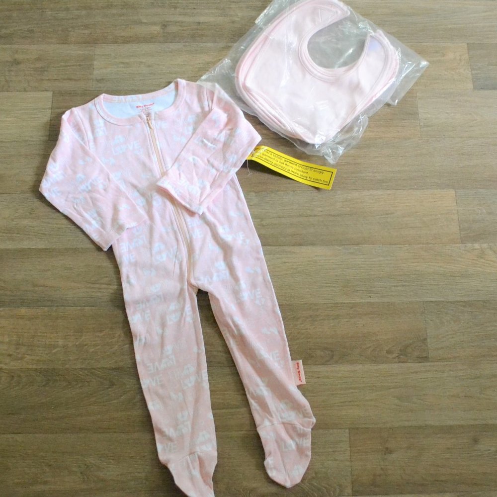 NWT Silly Souls Pink Love Zip-up Footed Pajamas and Bib Bundle